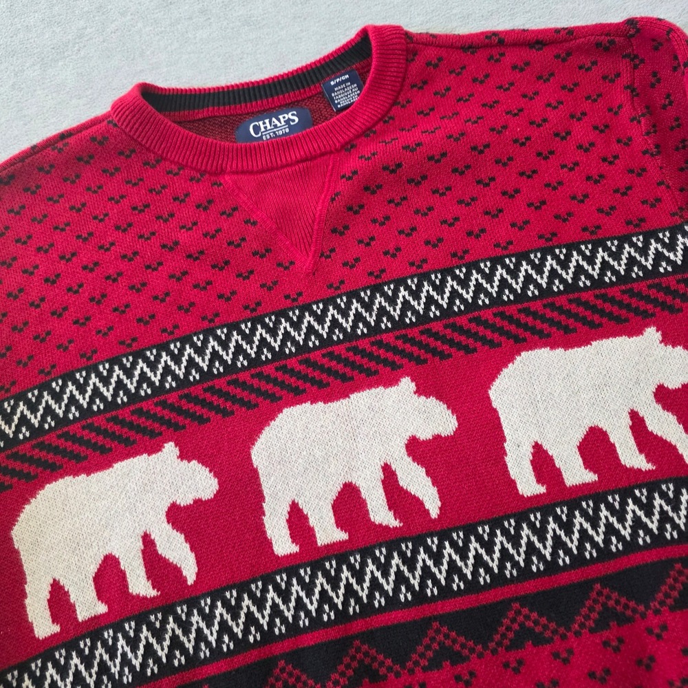 Chaps Mens Red Polar Bear Fair Isle Cotton Crewneck Sweater Small